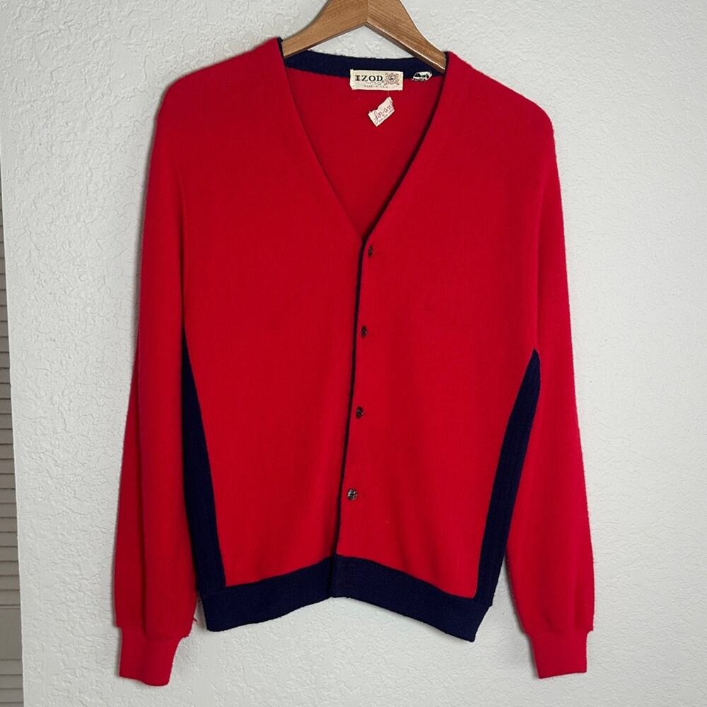 Vintage IZOD Men's Red Cardigan Sweater V Neck Preppy Old Money Country Club